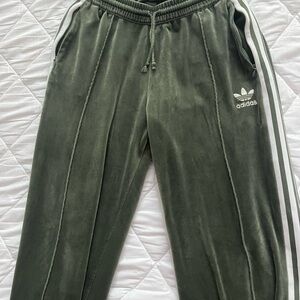 adidas Kids Olive Green Velour Track Pants with White Side Stripes
